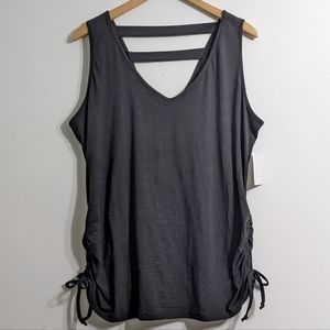 Women's Ruched Sides & Ladder Back Black V Neck Top, Size 2XL, New With Tag